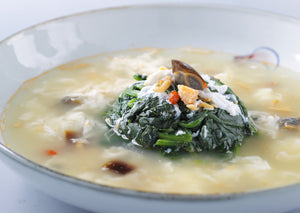 Poached Spinach with Three Egg Yolk and Dried Fish